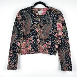 Vintage EXPO‎ Cropped Jacket Woman 12 Quilted Floral Paisley Print Button Up